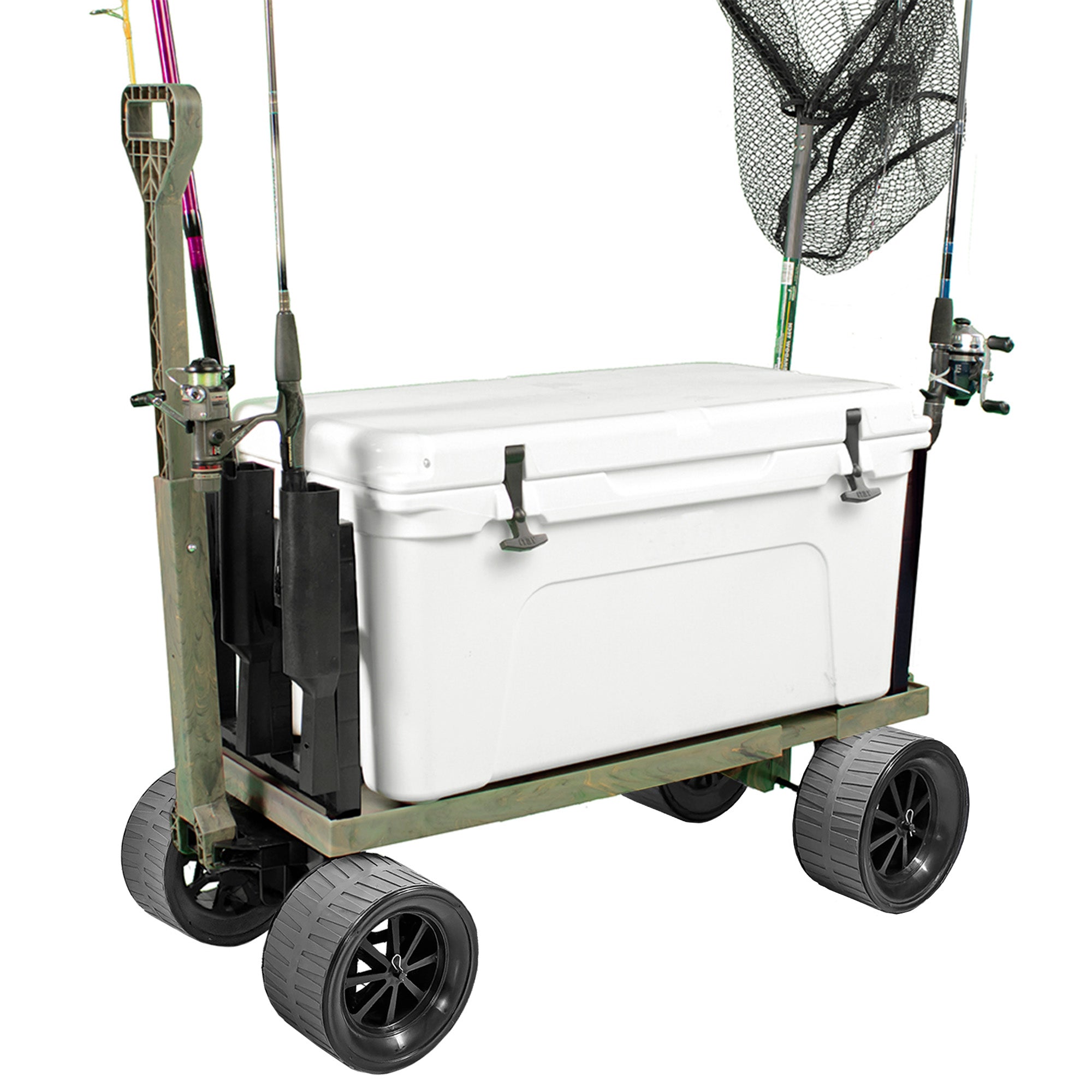 Fishing cart with a cooler and fishing equipment on a white background