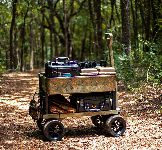 Mighty Max Cart - Camo Outdoor Double Decker Cart loaded up with hunting/camping gear in wooded forest